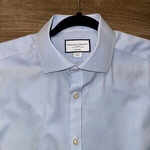 16" Charles Tyrwhitt Blue Bengal Stripe Spread Collar Non-Iron Twill Shirt ESF